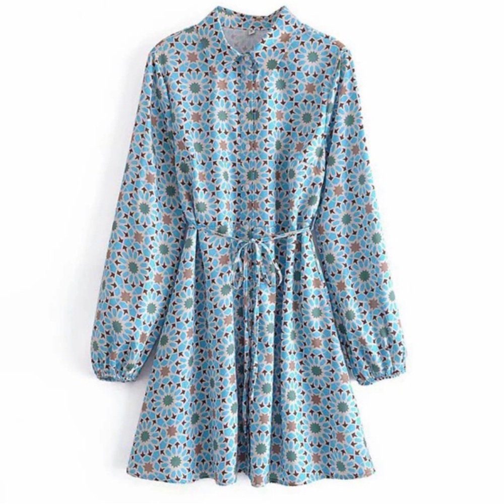 Blue Multi Print Collared Tie Waist Dress